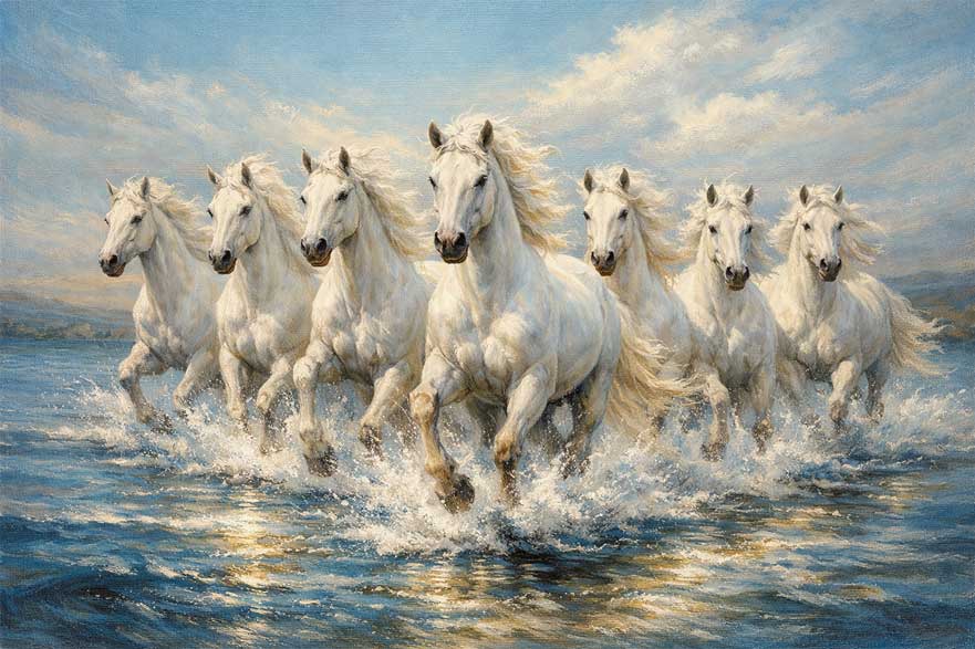 Painting of Seven White Horses Running in Water in North for Continuous Income Flow and Career Growth