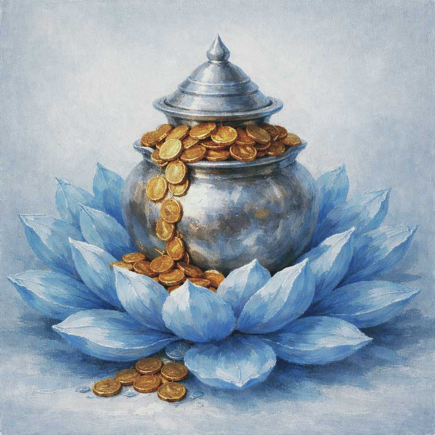 Painting of Silver Kalash with Coins for Wealth Attraction and Auspicious Energy