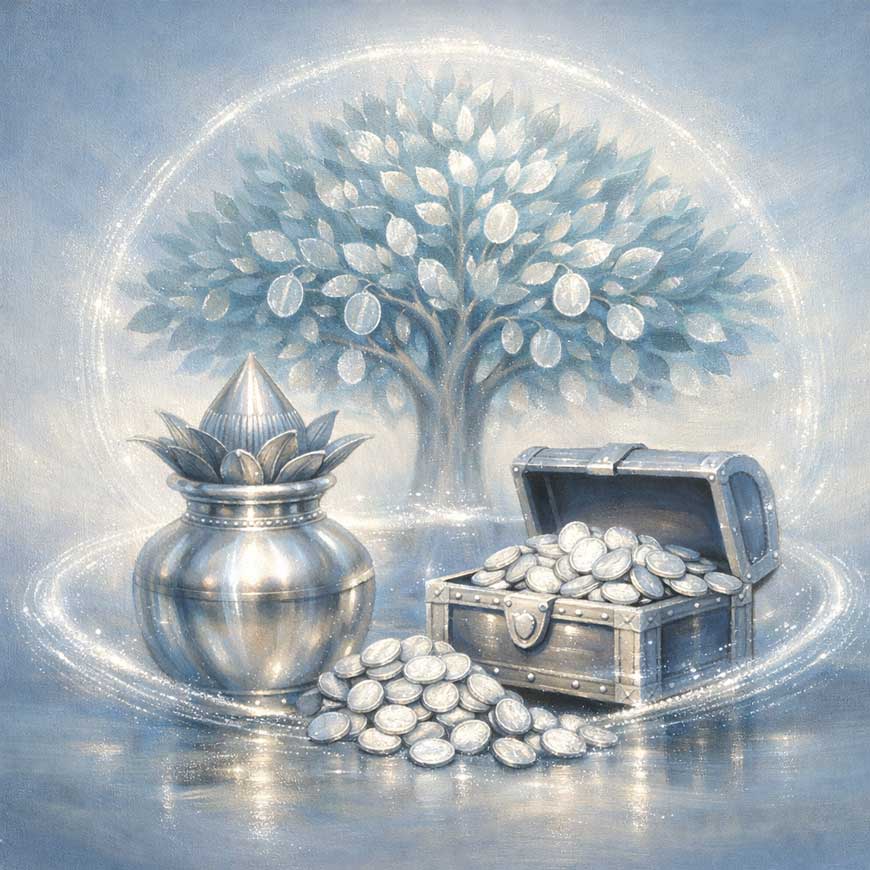 Painting of Money Tree with Silver Kalash and Chest of Coins for Wealth Protection and Prosperity