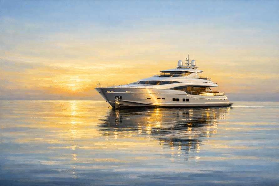 Painting of Luxury Yacht on Calm Waters for Financial Comfort and Freedom