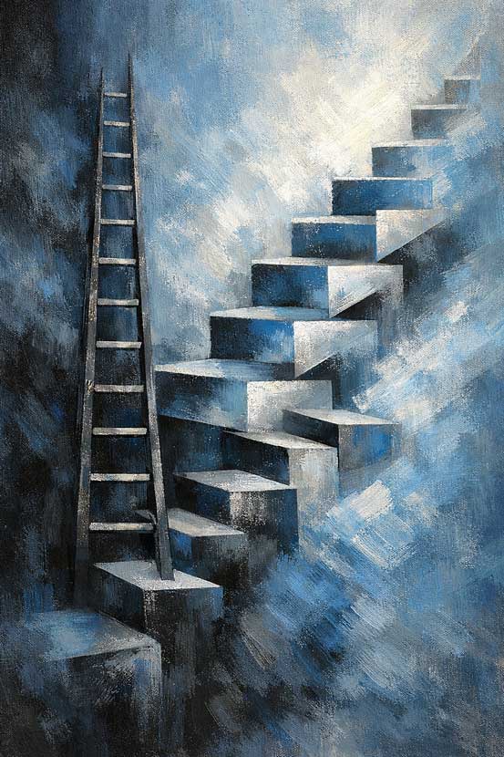 Ascending Ladder Painting for Symbol of Promotion, Achievement & Career Progress