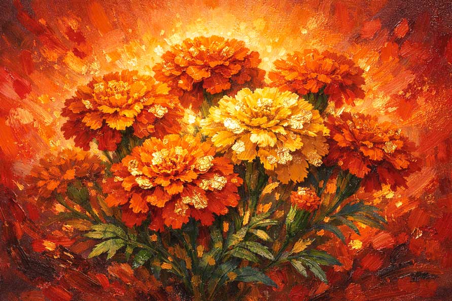 Marigold Bloom Wall Art  Radiant Flowers Symbolizing Financial Success and Growth