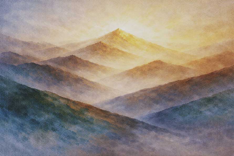 Painting of Abstract Mountain Peak with Sunlight for Success, Profits, and Long-Term Gains