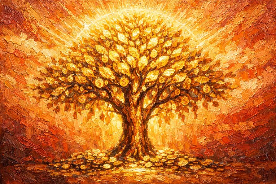 Painting of Glowing Money Tree with Coins in South-East for Wealth Generation and Business Growth