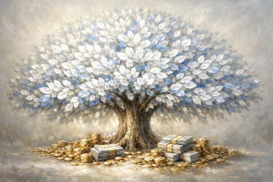 Painting of Money Tree with Gold Coins and Cash for Wealth Growth and Financial Abundance