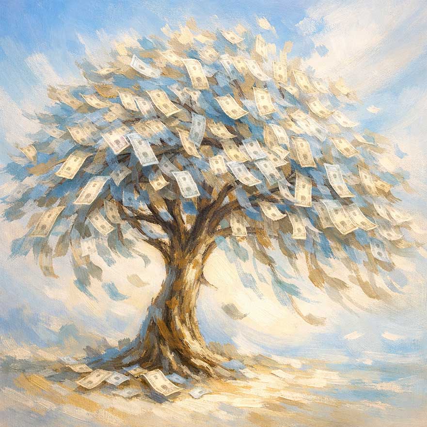 Painting of Flowing Currency Tree in West for Savings and Asset Building