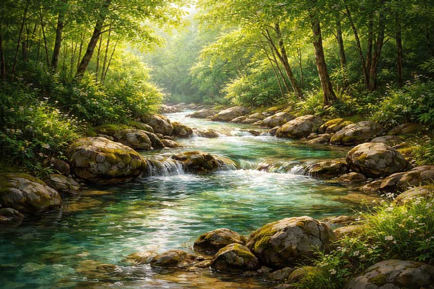 Wall Art of Forest River Flow Painting for Spiritual Clarity and Positive Energy