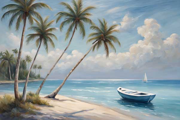 Ocean  Painting with Pine Trees & Boat for Career Growth and Flow of Opportunities