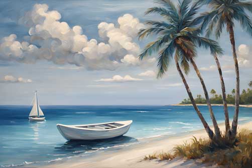 Ocean Serenity: Painting with Pine Trees and Boat for Financial Prosperity