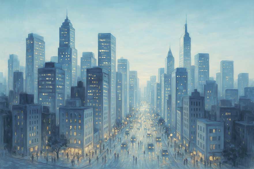 Wall Art Bustling Cityscape Painting for Networking, Connections & Communication in Northwest