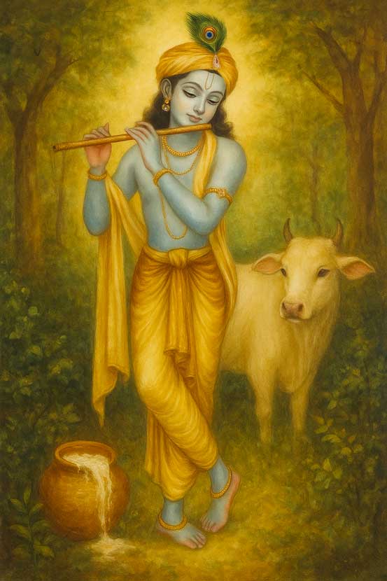 Lord Krishna Painting with Flute, Cow & Butter