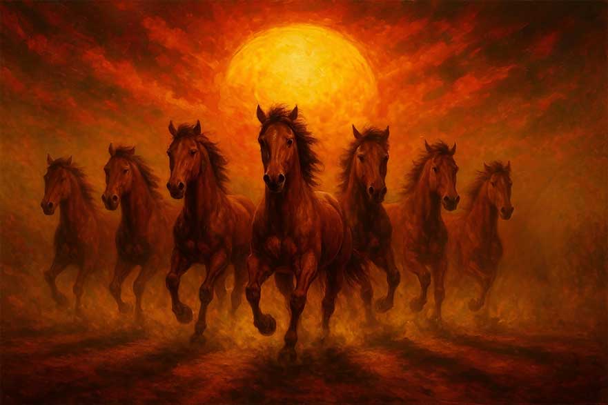 Painting of Seven Horses with Rising Sun in South for Rapid Success, Fame and Visibility