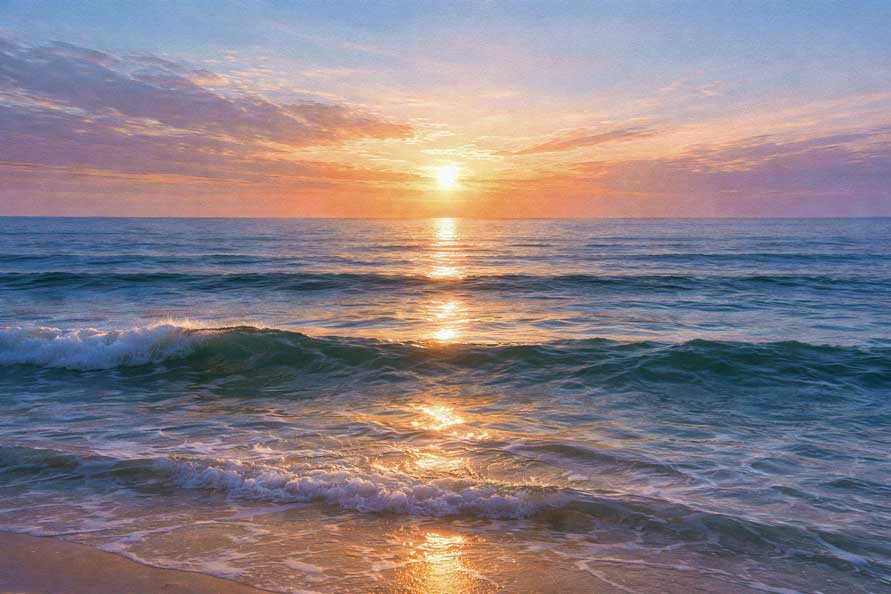 Painting of Water Reflections with Sunset Colors for Calm, Reflective Innovation