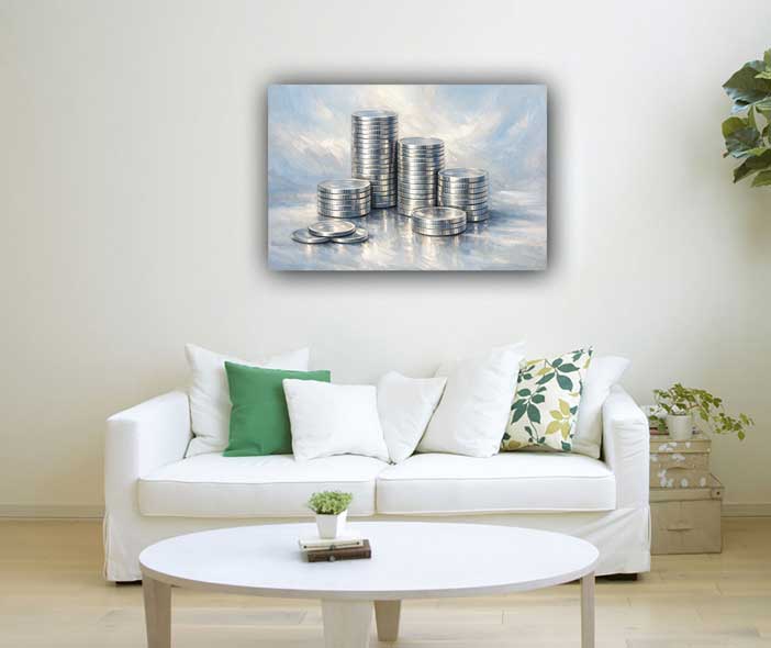 Painting of Stacked Silver Coins for Financial Growth and Wealth Stability