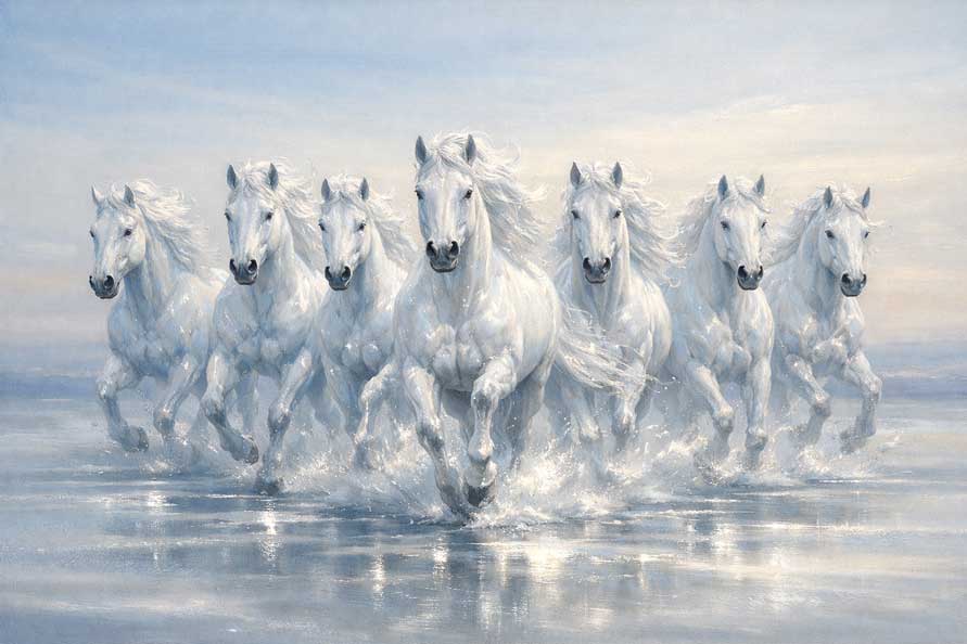 Painting of Seven Running Horses in Calm Landscape in West for Stable Profits and Financial Security
