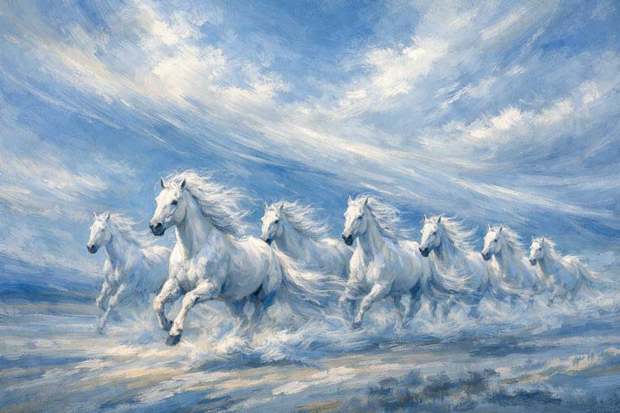Painting of Seven White Horses Running under Open Sky in West for Stable Profits and Financial Clarity