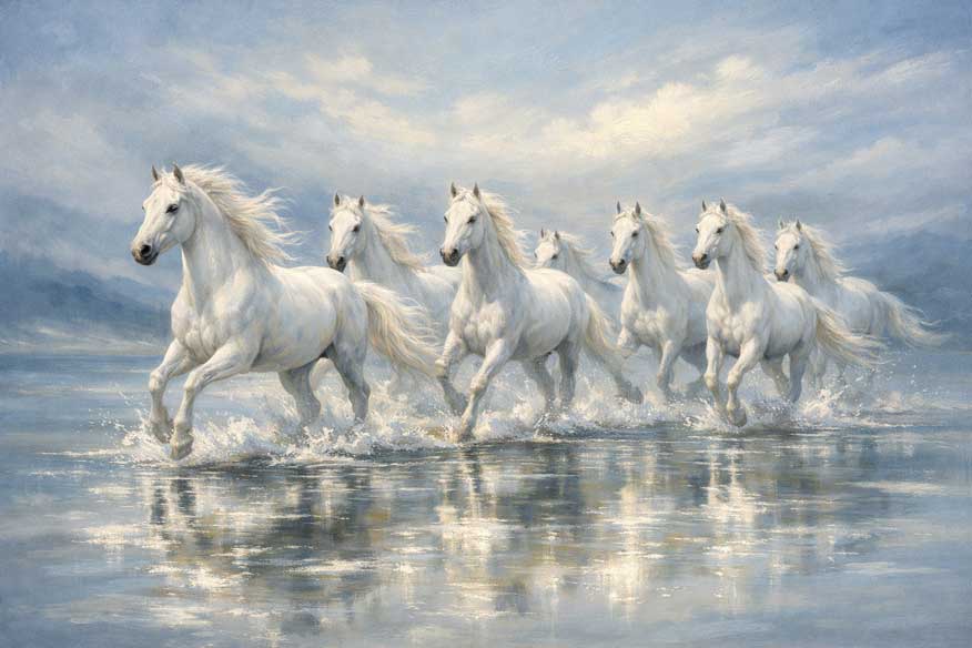 Painting of Seven White Horses on Silver Blue Background for Profit and Prosperity