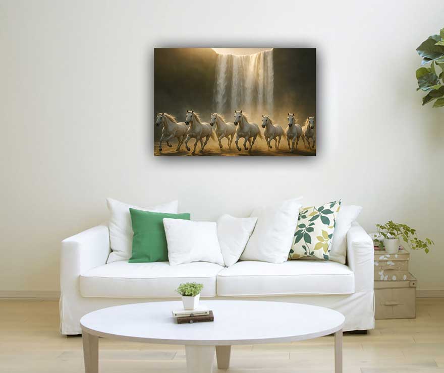 Seven Galloping Horses with Waterfall Wall Art for North Direction
