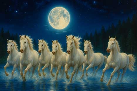 7 Horses Painting Running on Water with Moon