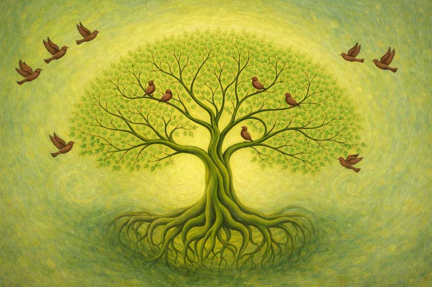 Tree of Life with Flying Birds Wall Art Canvas Painting for Strong Family Roots