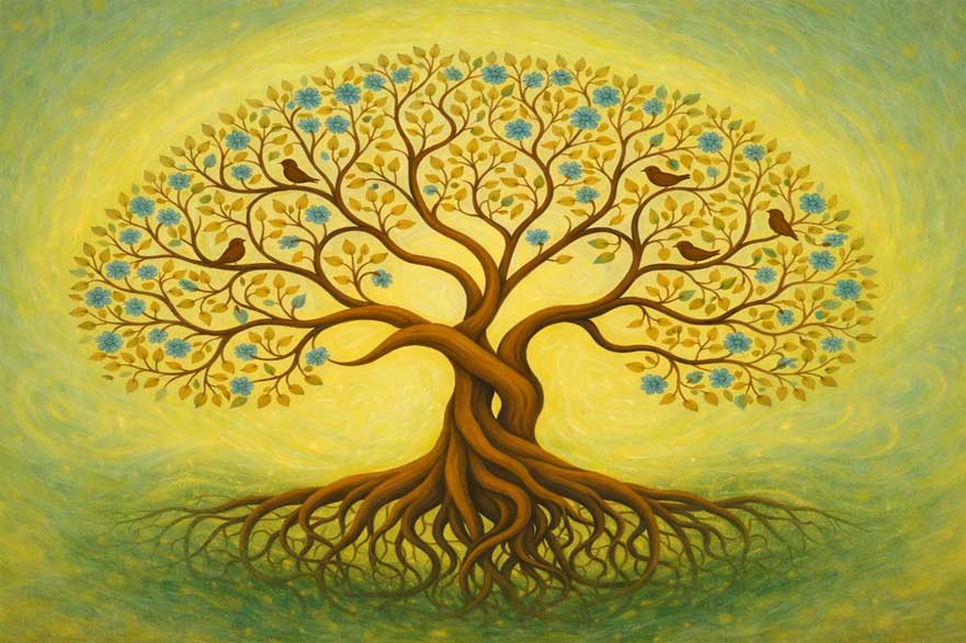 Tree of Life with Birds Wall Art Canvas Painting for Strong Family Roots