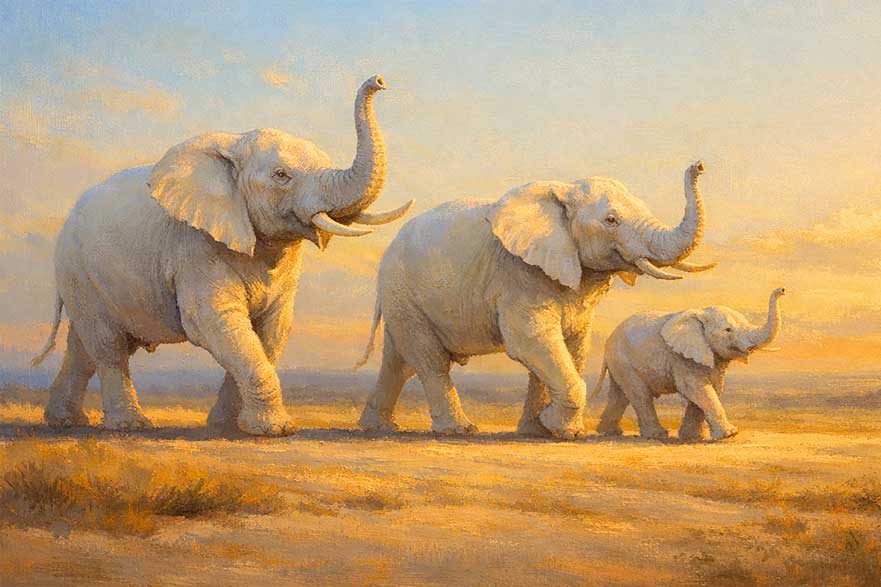 Painting of Three White Elephants with Raised Trunks for Strength, Protection, and Abundance