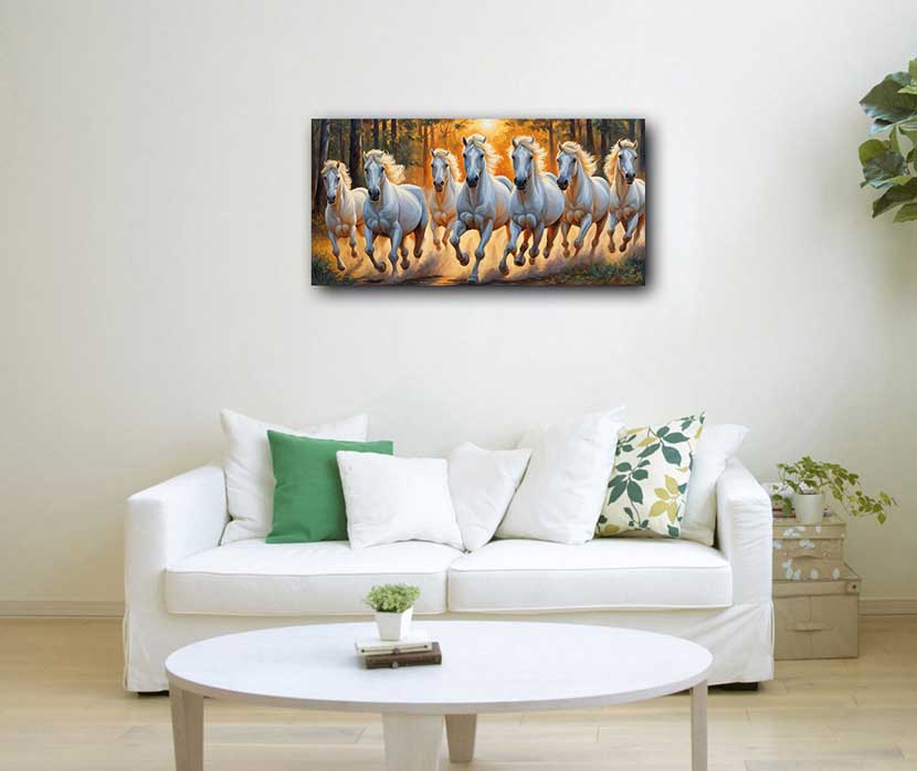 Seven White Horses with Sunrise Painting – Symbol of Growth, Vitality & New Beginnings